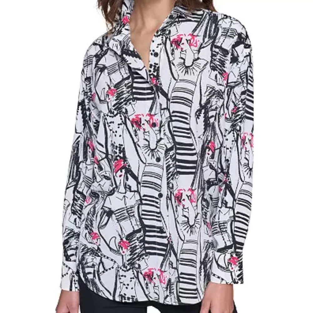 KARL LAGERFELD PARIS Women Printed Oversized Button-Front Shirt Size 2X NWT